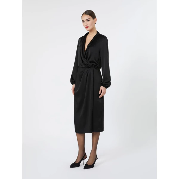 Max Mara Miss Envers Satin Wrap Midi Dress in Black | Midi Dresses | Luxury Shoes 