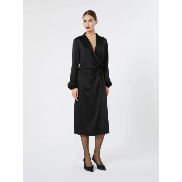 Max Mara Miss Envers Satin Wrap Midi Dress in Black | Midi Dresses | Luxury Shoes 