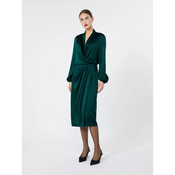 Max Mara Miss Envers Satin Wrap Midi Dress in Dark Green | Midi Dresses | Luxury Shoes 