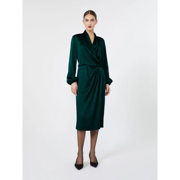 Max Mara Miss Envers Satin Wrap Midi Dress in Dark Green | Midi Dresses | Luxury Shoes 