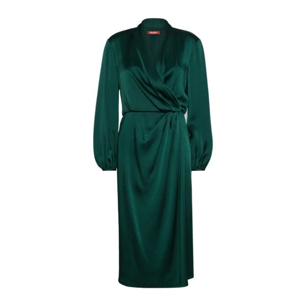 Max Mara Miss Envers Satin Wrap Midi Dress in Dark Green | Midi Dresses | Luxury Shoes 