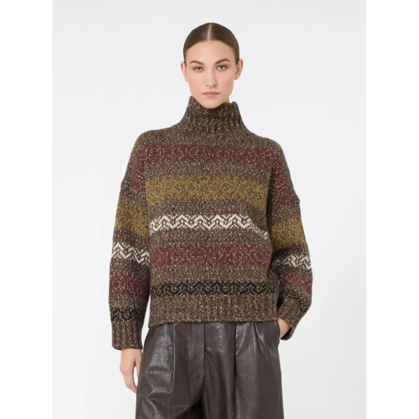 Max Mara Moda Jacquard Wool Cotton Roll Neck Jumper in Chocolate | Turtlenecks | Luxury Shoes 