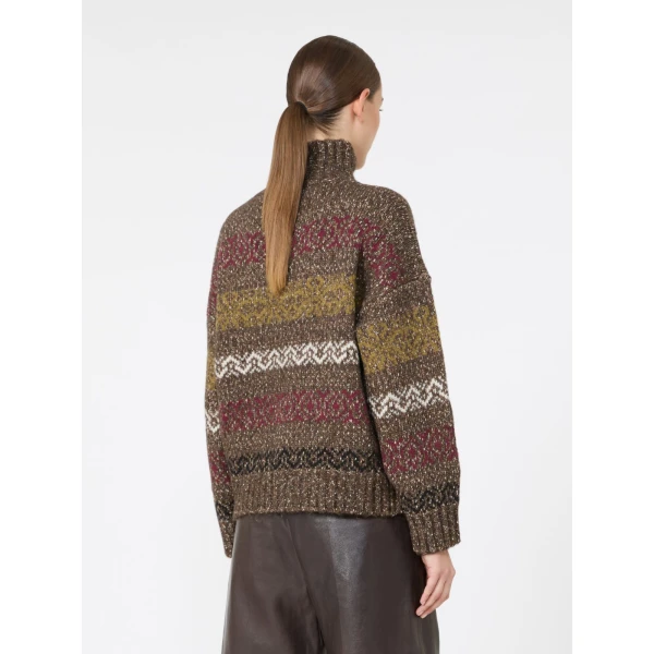 Max Mara Moda Jacquard Wool Cotton Roll Neck Jumper in Chocolate | Turtlenecks | Luxury Shoes 