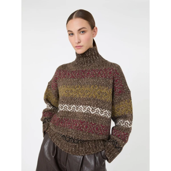 Max Mara Moda Jacquard Wool Cotton Roll Neck Jumper in Chocolate | Turtlenecks | Luxury Shoes 