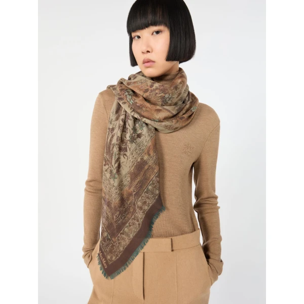 Max Mara Moneta Printed Wool and Silk Shawl in Pale Yellow | Scarves | Luxury Shoes 