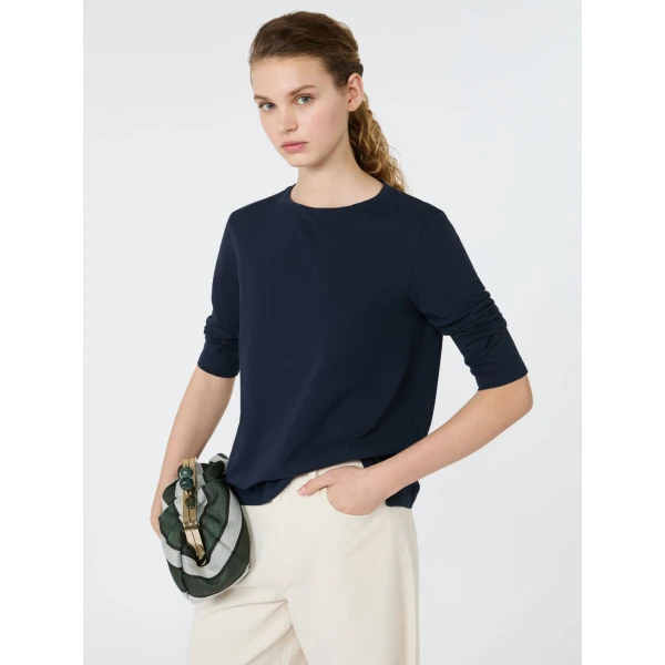 Max Mara Multia Stretch Cotton Boat-Neck T-Shirt in Navy | T-shirts | Luxury Shoes 