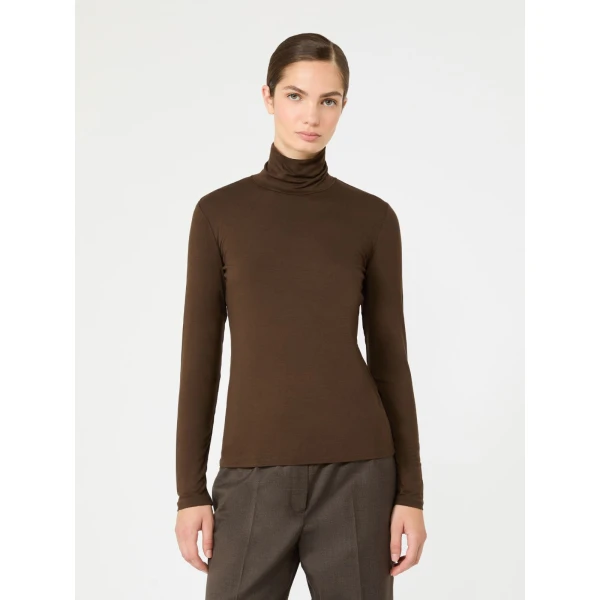 Max Mara Multif Stretch Viscose Jersey Turtleneck Top in Dark Brown | Tops | Luxury Shoes 