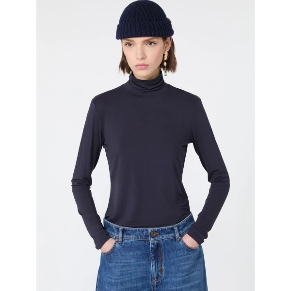 Max Mara Multif Stretch Viscose Jersey Turtleneck Top in Navy | Tops | Luxury Shoes 
