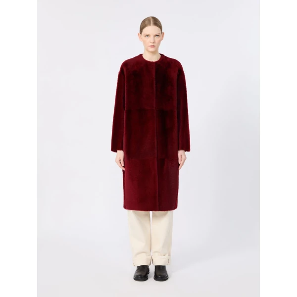 Max Mara Nebbia Sheepskin Midi Coat in Bordeaux | Fur Coats | Luxury Shoes 