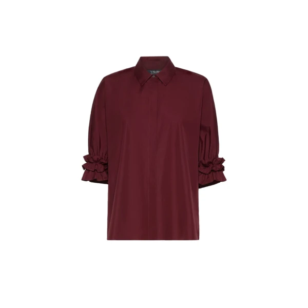 Max Mara Nebbie Cotton Poplin Ruffle-Sleeve Shirt in Ruby | Shirts | Luxury Shoes 