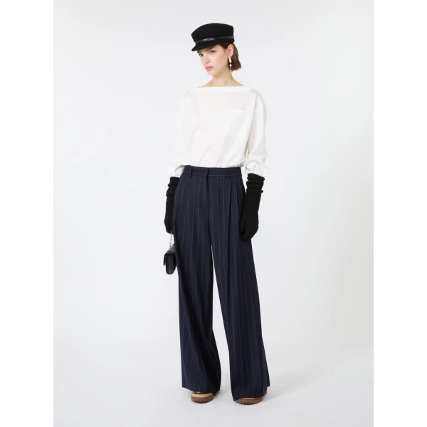 Max Mara Nebbie Pinstriped Wool Flannel Trousers in Navy | Wide leg pants | Luxury Shoes 
