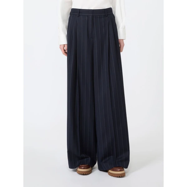 Max Mara Nebbie Pinstriped Wool Flannel Trousers in Navy | Wide leg pants | Luxury Shoes 