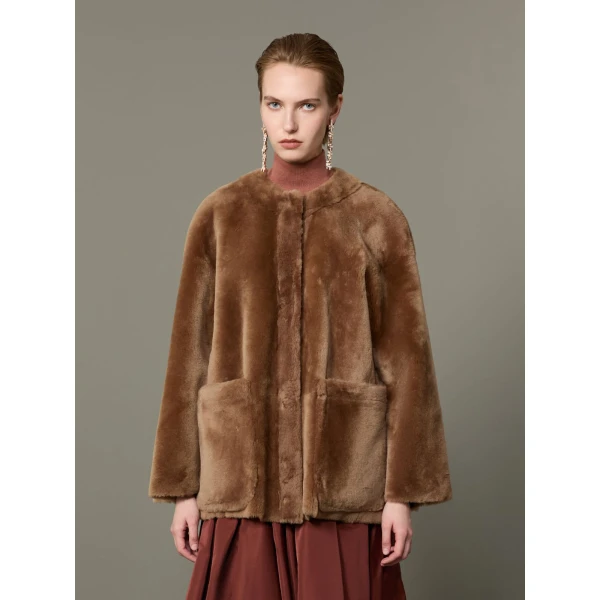 Max Mara Nerine Reversible Shearling Jacket in Camel | Shearling Jackets | Luxury Shoes 