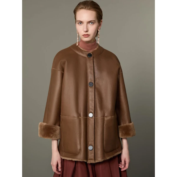 Max Mara Nerine Reversible Shearling Jacket in Camel | Shearling Jackets | Luxury Shoes 