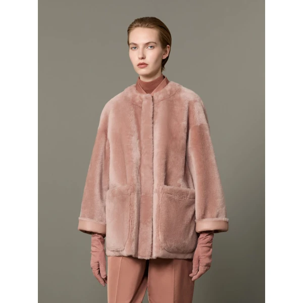 Max Mara Nerine Reversible Shearling Jacket in Powder Pink | Shearling Jackets | Luxury Shoes 