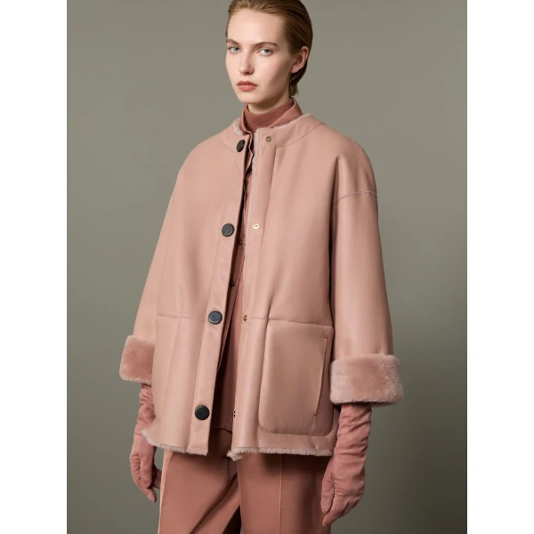 Max Mara Nerine Reversible Shearling Jacket in Powder Pink | Shearling Jackets | Luxury Shoes 