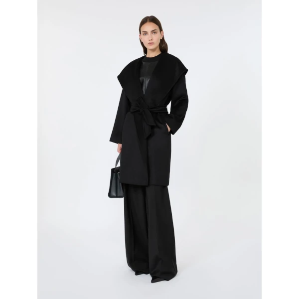 Max Mara Newmang Hooded Wool Robe Coat in Black | Wool Coat | Luxury Shoes 
