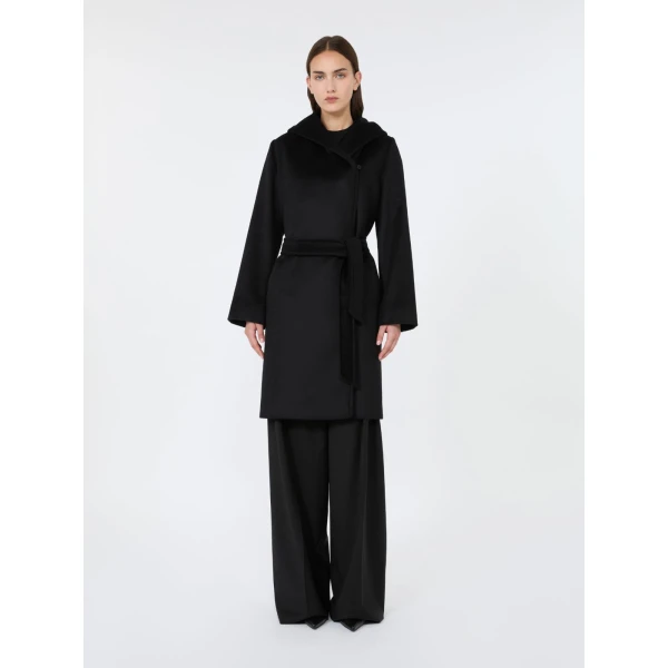 Max Mara Newmang Hooded Wool Robe Coat in Black | Wool Coat | Luxury Shoes 