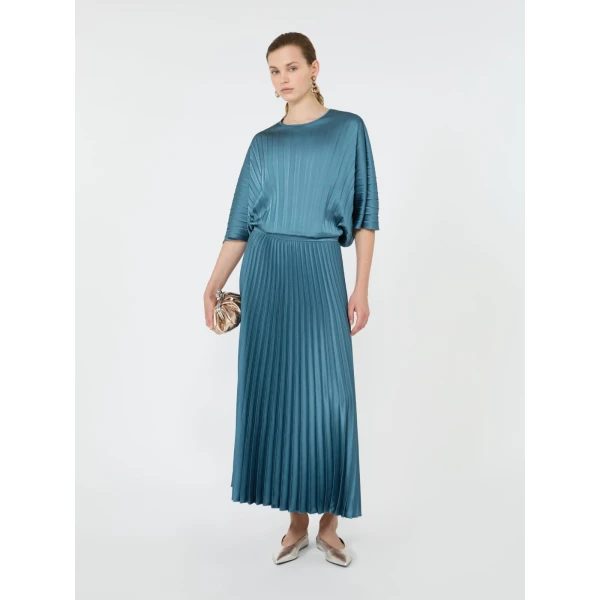 Max Mara Nicchia Pleated Satin Skirt in Blue Azure | Pleated Skirts | Luxury Shoes 