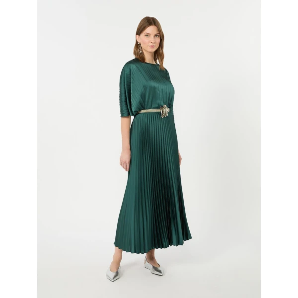 Max Mara Nicchia Pleated Satin Skirt in Dark Green | Pleated Skirts | Luxury Shoes 