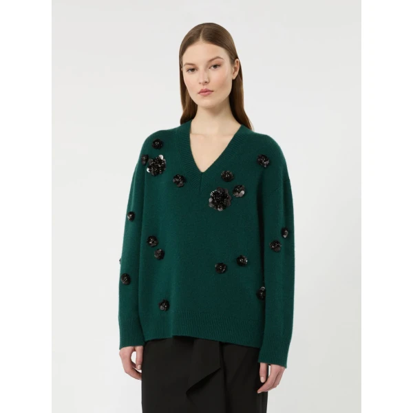 Max Mara Nigella Embroidered Wool and Cashmere Sweater in Green | Sweaters | Luxury Shoes 