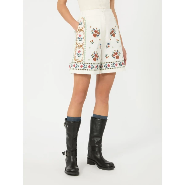 Max Mara Obice Embroidered Cotton Bermuda Shorts in White | Shorts | Luxury Shoes 