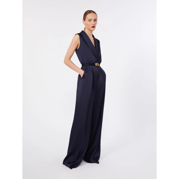 Max Mara Orario Envers Satin Tuxedo Jumpsuit in Midnight Blue | Jumpsuit | Luxury Shoes 