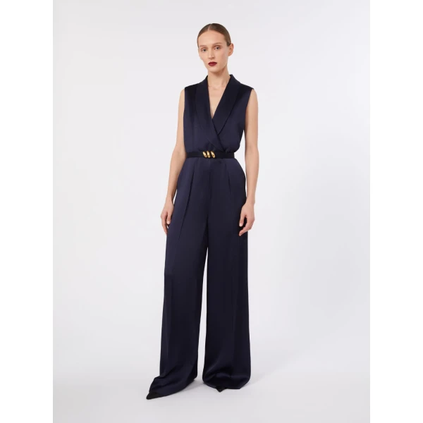 Max Mara Orario Envers Satin Tuxedo Jumpsuit in Midnight Blue | Jumpsuit | Luxury Shoes 
