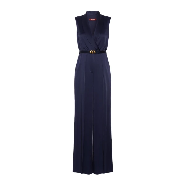 Max Mara Orario Envers Satin Tuxedo Jumpsuit in Midnight Blue | Jumpsuit | Luxury Shoes 