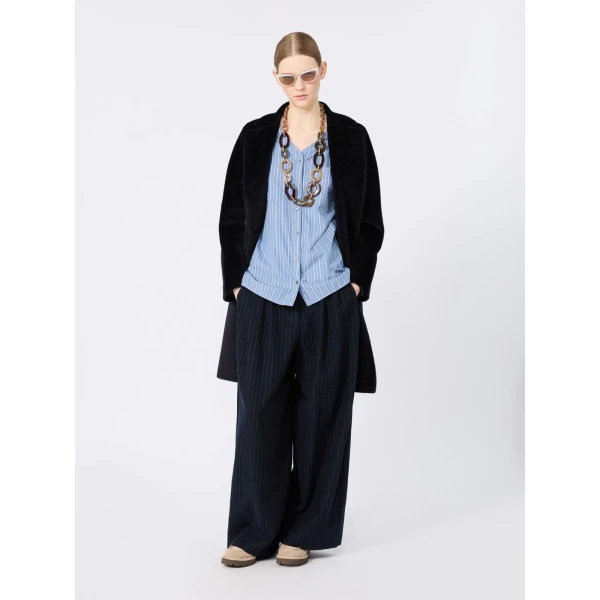 Max Mara Ordine Chalk-Stripe Wool Trousers in Midnight Blue | Wide leg pants | Luxury Shoes 