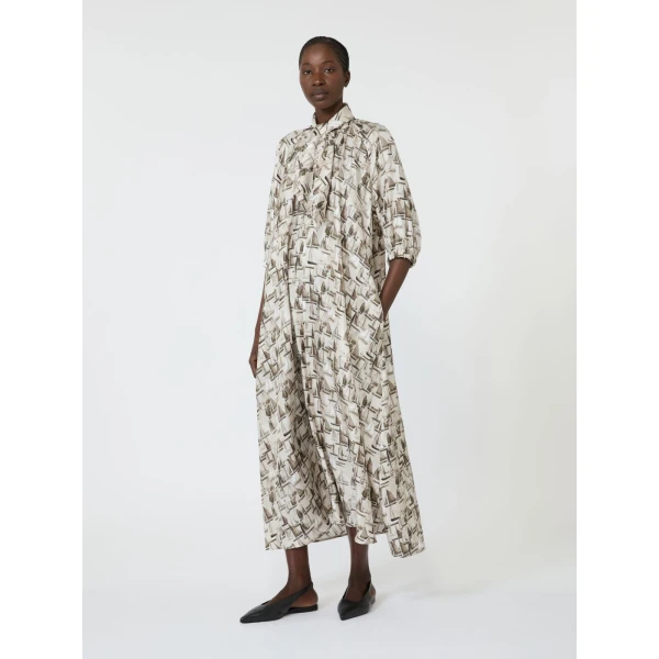 Max Mara Ottimo Printed Silk Dress in Stone Grey | Midi Dresses | Luxury Shoes 