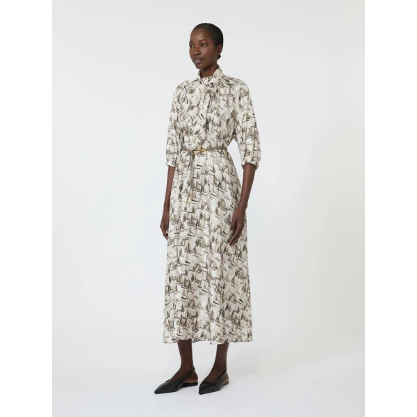 Max Mara Ottimo Printed Silk Dress in Stone Grey | Midi Dresses | Luxury Shoes 