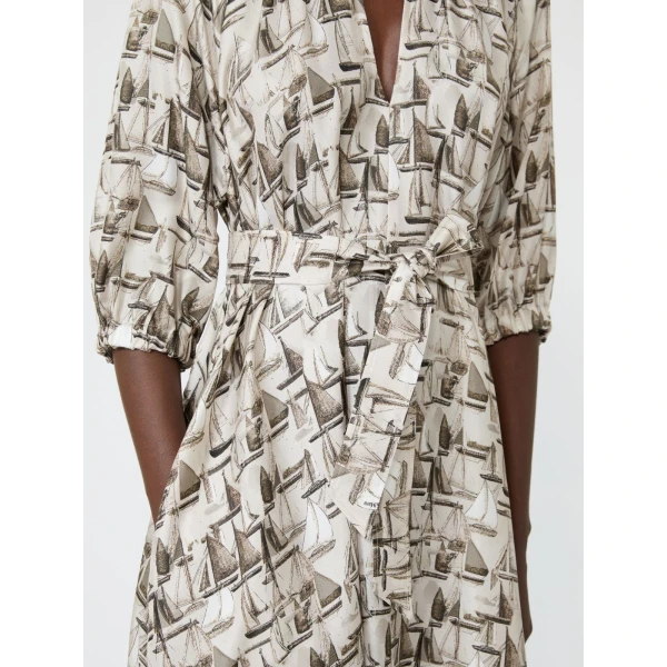 Max Mara Ottimo Printed Silk Dress in Stone Grey | Midi Dresses | Luxury Shoes 