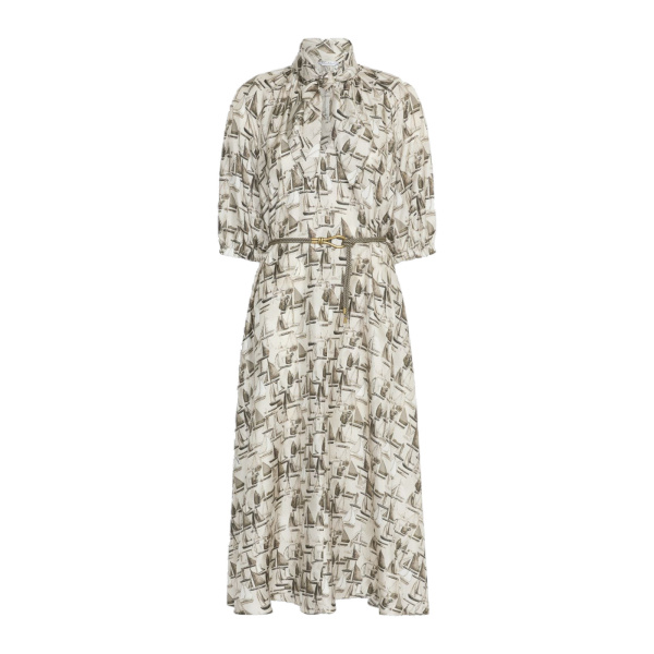 Max Mara Ottimo Printed Silk Dress in Stone Grey | Midi Dresses | Luxury Shoes 