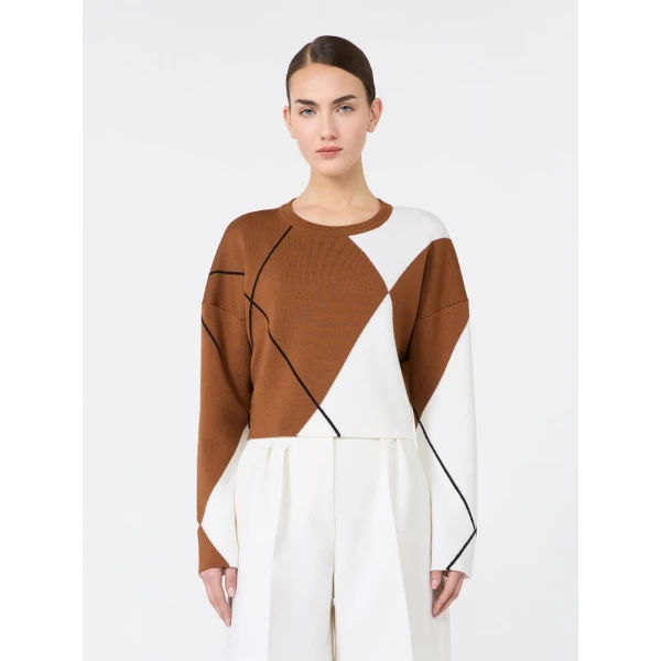 Max Mara Paggio Argyle Wool Boxy Sweater in Tobacco | Sweaters | Luxury Shoes 