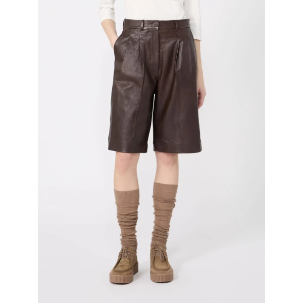 Max Mara Pagine Nappa Leather Bermuda Shorts in Dark Brown | Shorts | Luxury Shoes 