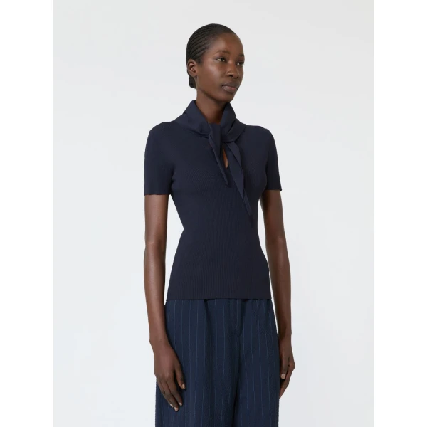Max Mara Palmeti Viscose Crepe Sweater with Scarf in Ultramarine | Sweaters | Luxury Shoes 