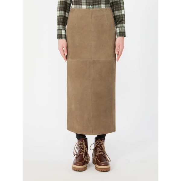Max Mara Palmi Suede Midi Skirt in Khaki | Leather Skirts | Luxury Shoes 