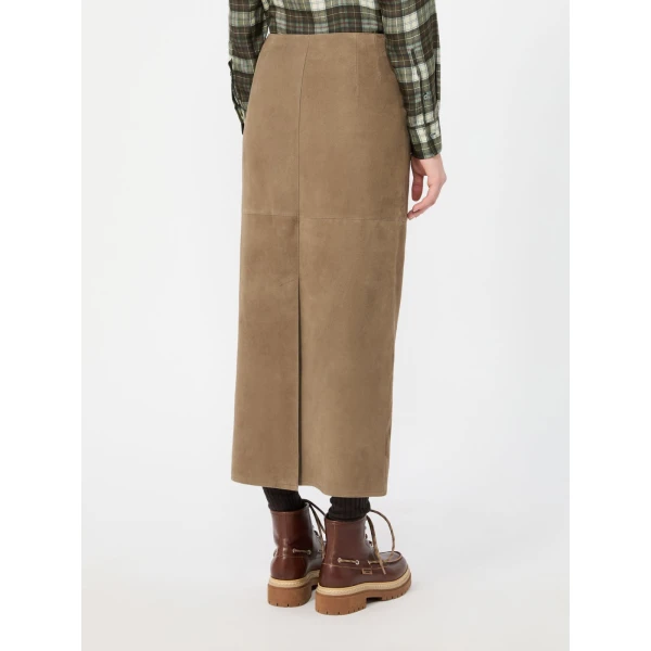 Max Mara Palmi Suede Midi Skirt in Khaki | Leather Skirts | Luxury Shoes 