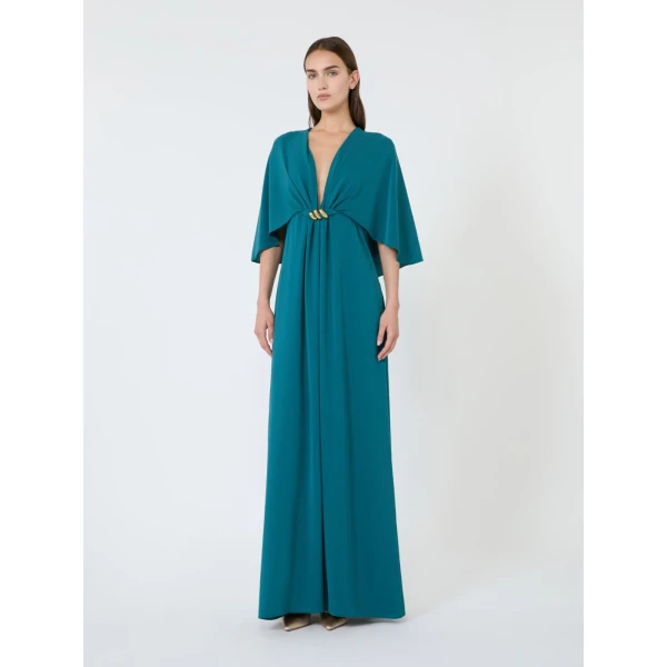 Max Mara Panno Cady Cape Dress in Oil Green | Evening Gowns | Luxury Shoes 