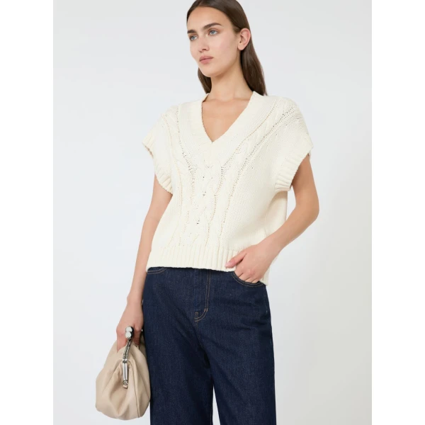 Max Mara Pascia Cotton Cable-Knit Gilet in Ecru | Sweaters | Luxury Shoes 