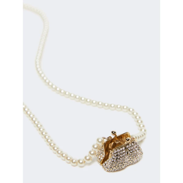 Max Mara Pasticcino Bag Pendant Pearl Necklace in Optical White | Necklace | Luxury Shoes 