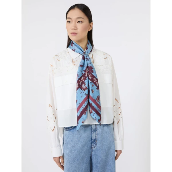 Max Mara Patterned Silk Twill Foulard in Light Blue | Scarves | Luxury Shoes 