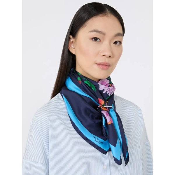 Max Mara Patterned Silk Twill Foulard in Midnight Blue | Scarves | Luxury Shoes 