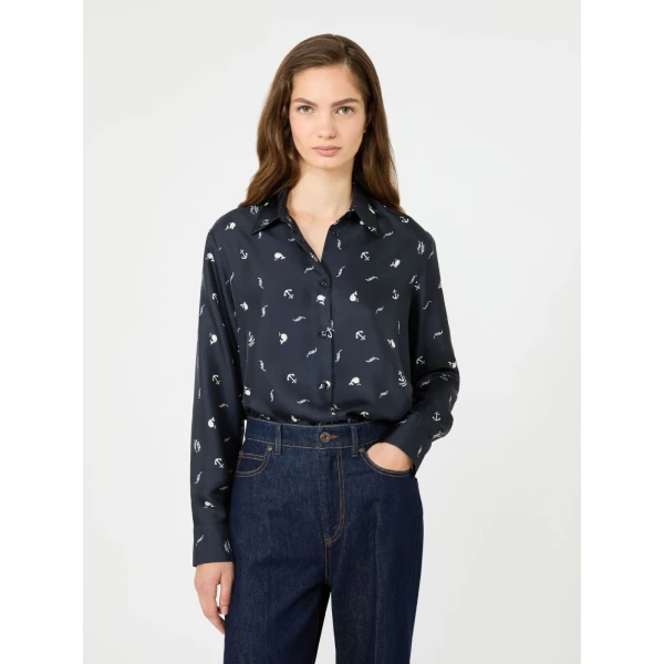 Max Mara Pavido Printed Silk Shirt in Navy | Shirts | Luxury Shoes 