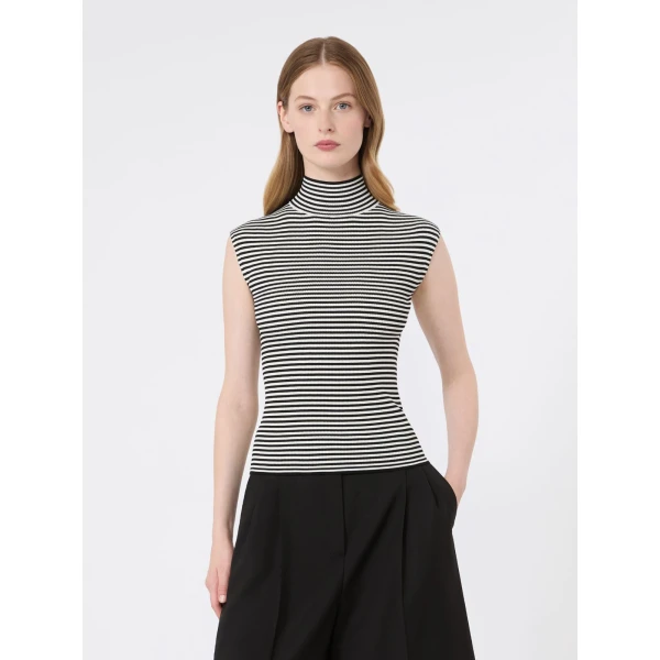 Max Mara Pepato Sleeveless Viscose Crepe Polo-Neck in Black and White | Turtlenecks | Luxury Shoes 