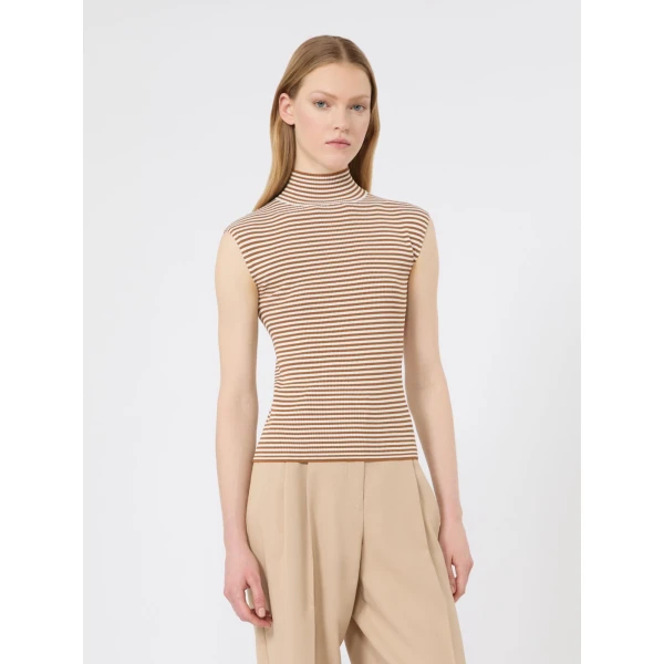 Max Mara Pepato Sleeveless Viscose Crepe Polo-Neck in Caramel | Turtlenecks | Luxury Shoes 