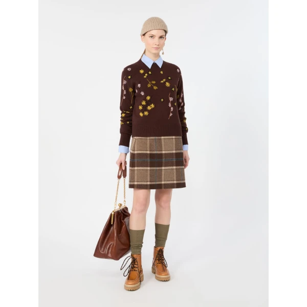 Max Mara Pesche Short Checked Wool Skirt in Brown | Mini Skirts | Luxury Shoes 
