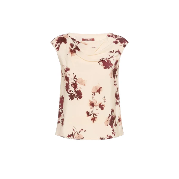 Max Mara Pioggia Printed Silk Crepe de Chine Top in Bordeaux | Blouse | Luxury Shoes 