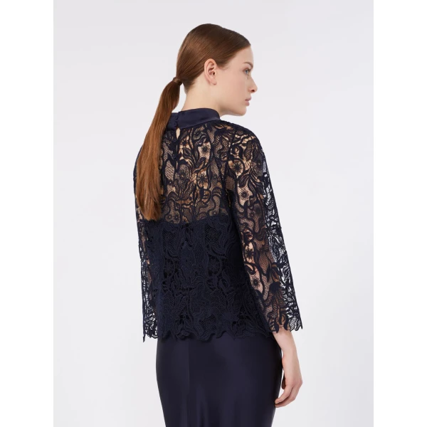 Max Mara Piovra Macrame Lace Blouse in Midnight Blue | Blouse | Luxury Shoes 